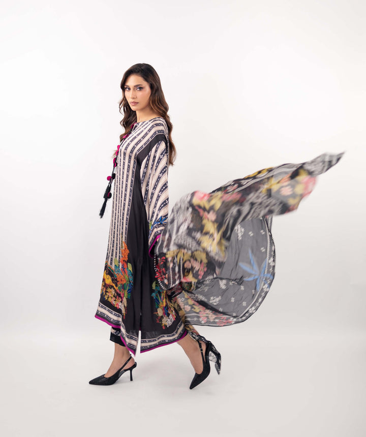 Women's White Monochrome Striped Kurti with Vibrant Floral Hem and Tassel Detail