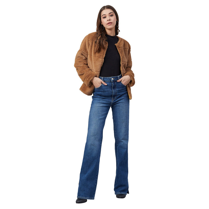 Women's Brown Faux Fur Open Jacket - StyleStone