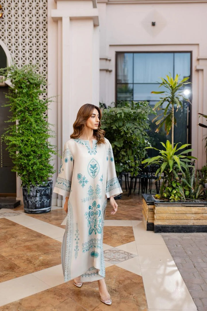 Women's Cream Cotton Satin Blend Floral Print Kaftan Set