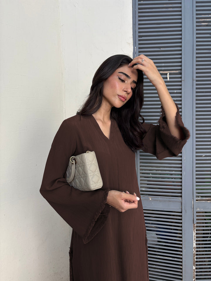 Women's Brown Wrinkle Free Premium Crush Crepe Fringe Detailing Co-Ord Set
