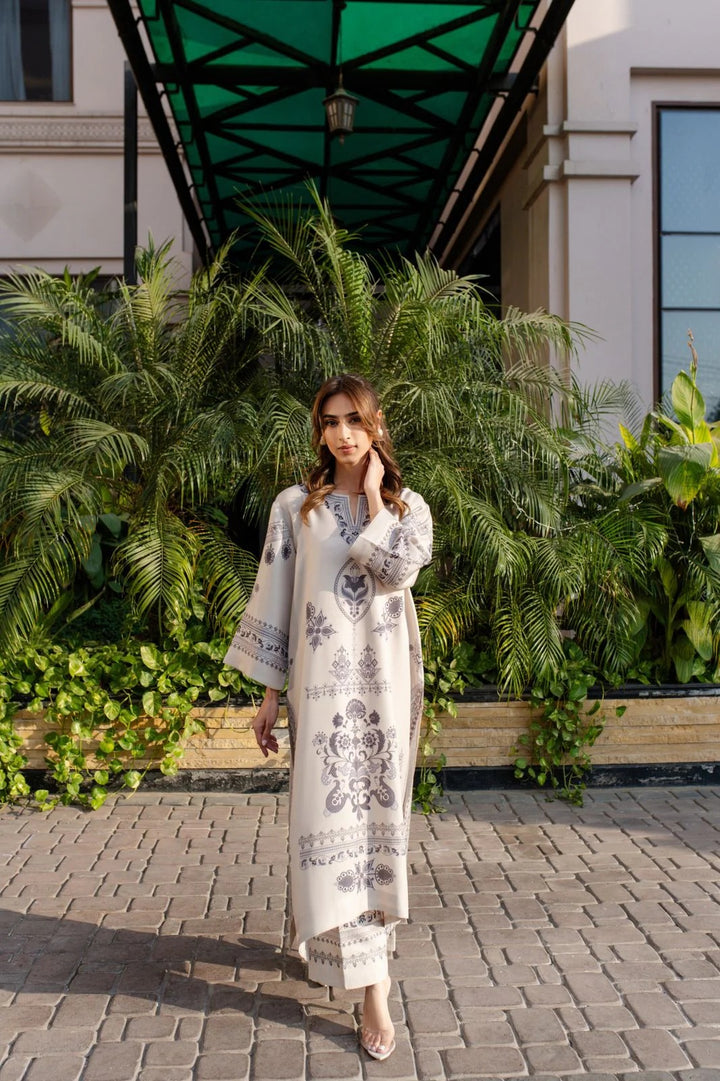 Women's Beige Cotton Satin Blend Floral Print Kaftan Set
