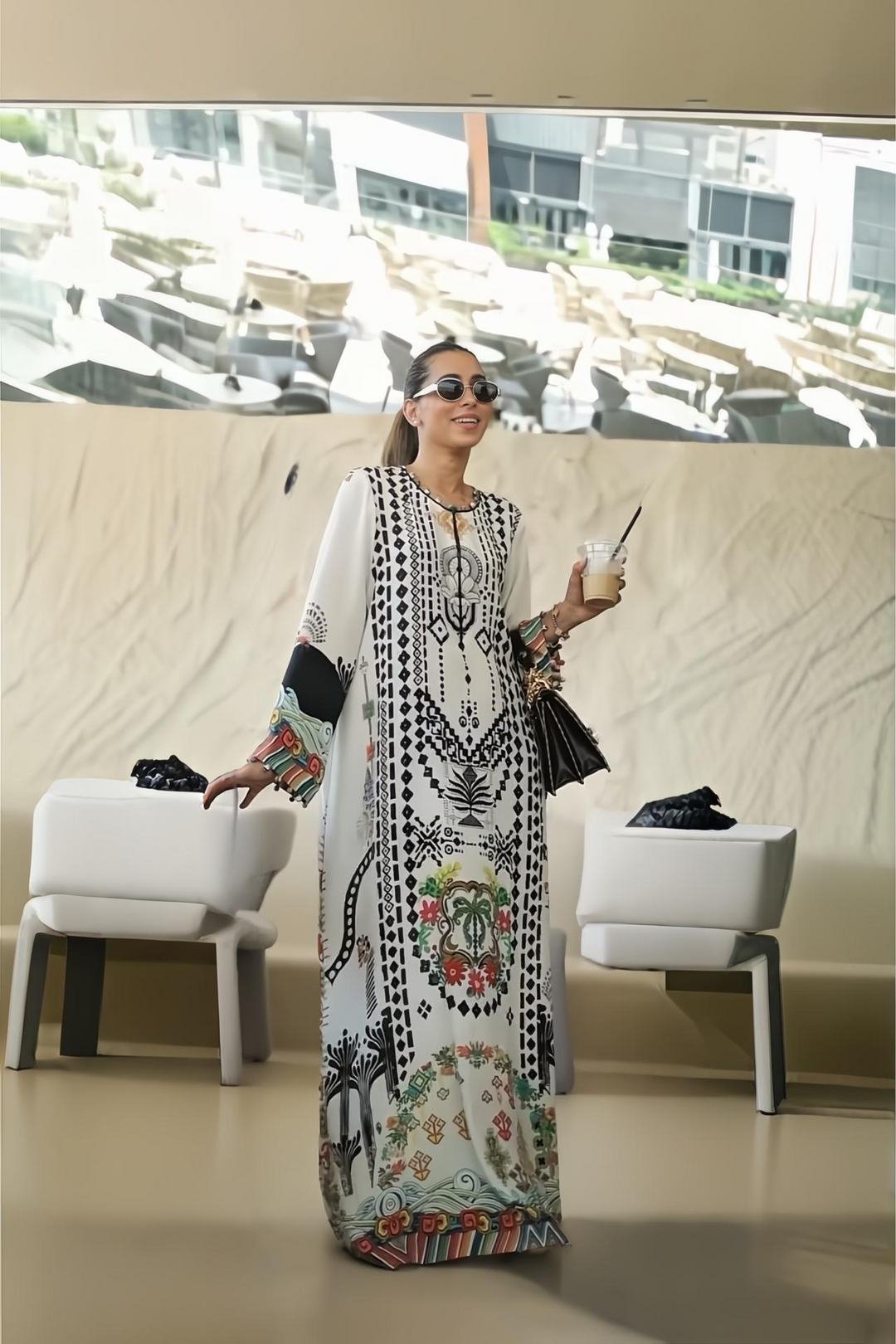 Women's White Crepe Floral Print Kaftan