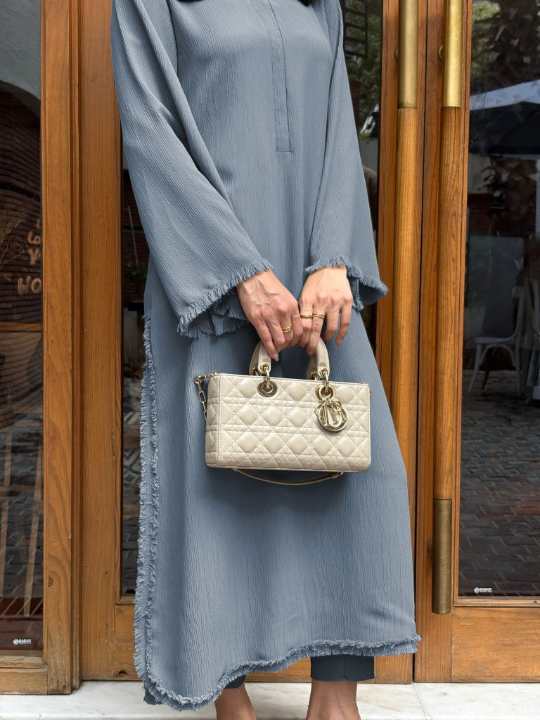 Women's Sky Blue Wrinkle Free Premium Crush Crepe Fringe Detailing Co-Ord Set