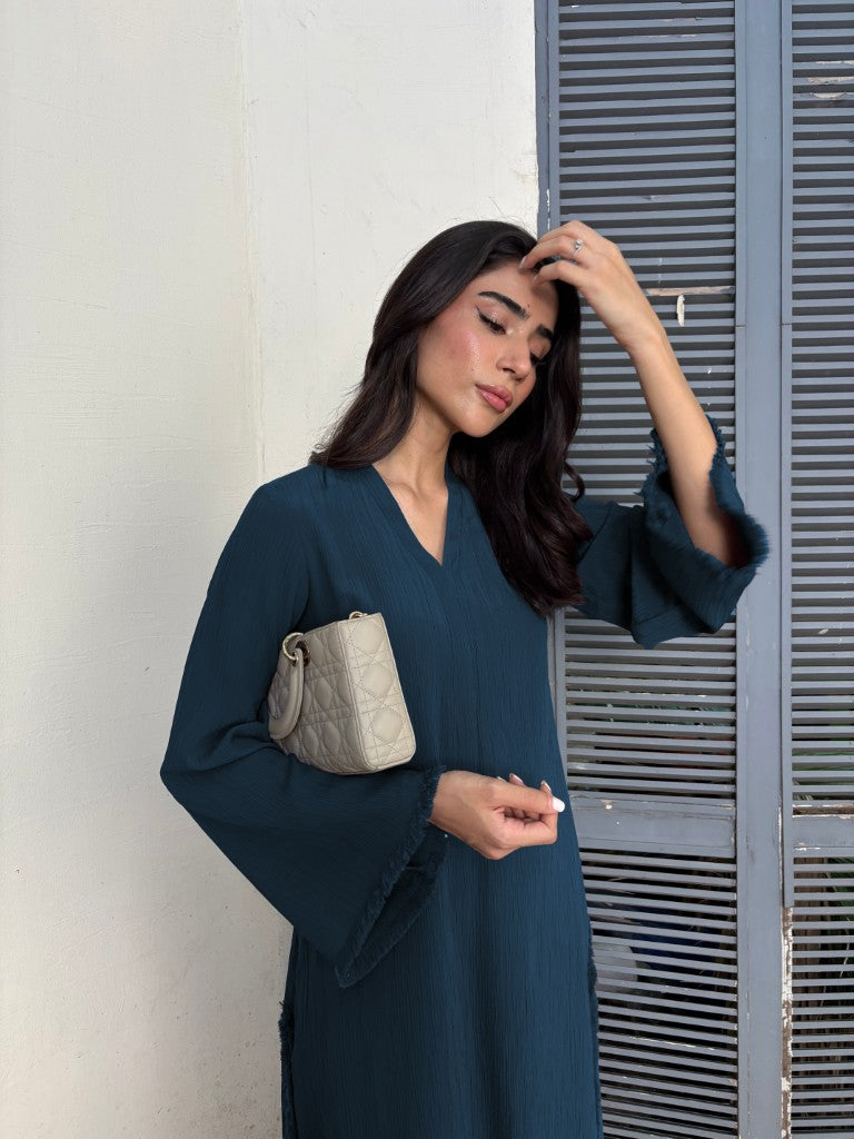 Women's Denim Blue Wrinkle Free Premium Crush Crepe Fringe Detailing Co-Ord Set