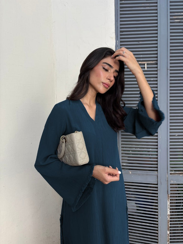 Women's Denim Blue Wrinkle Free Premium Crush Crepe Fringe Detailing Co-Ord Set