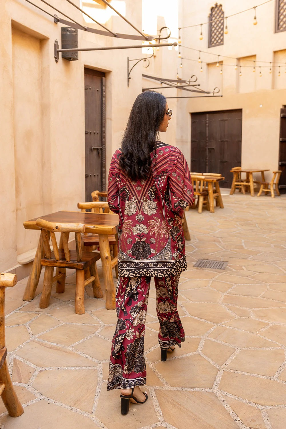 Women's Maroon Median Silk Crepe Printed Co-Ord Sets