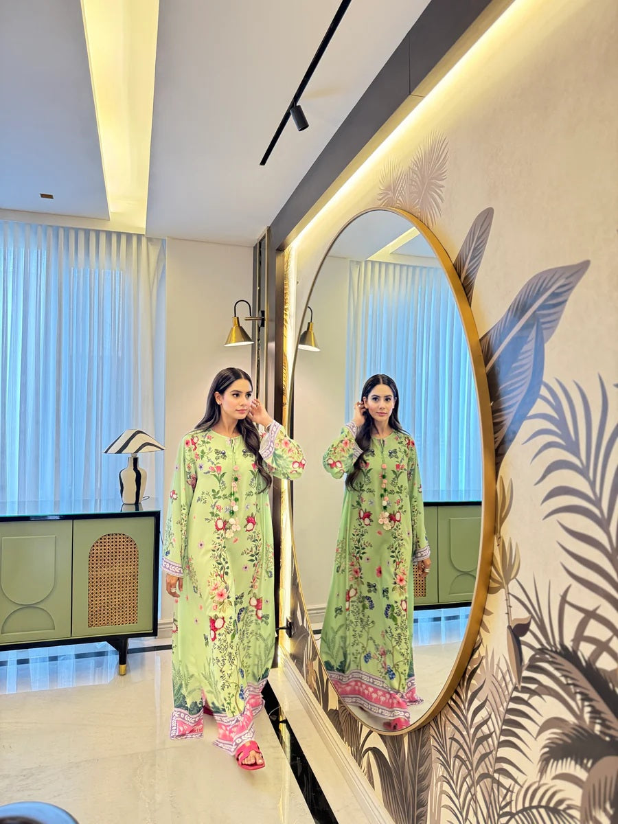 Women's Green Median Silk Crepe Floral Print Kaftan