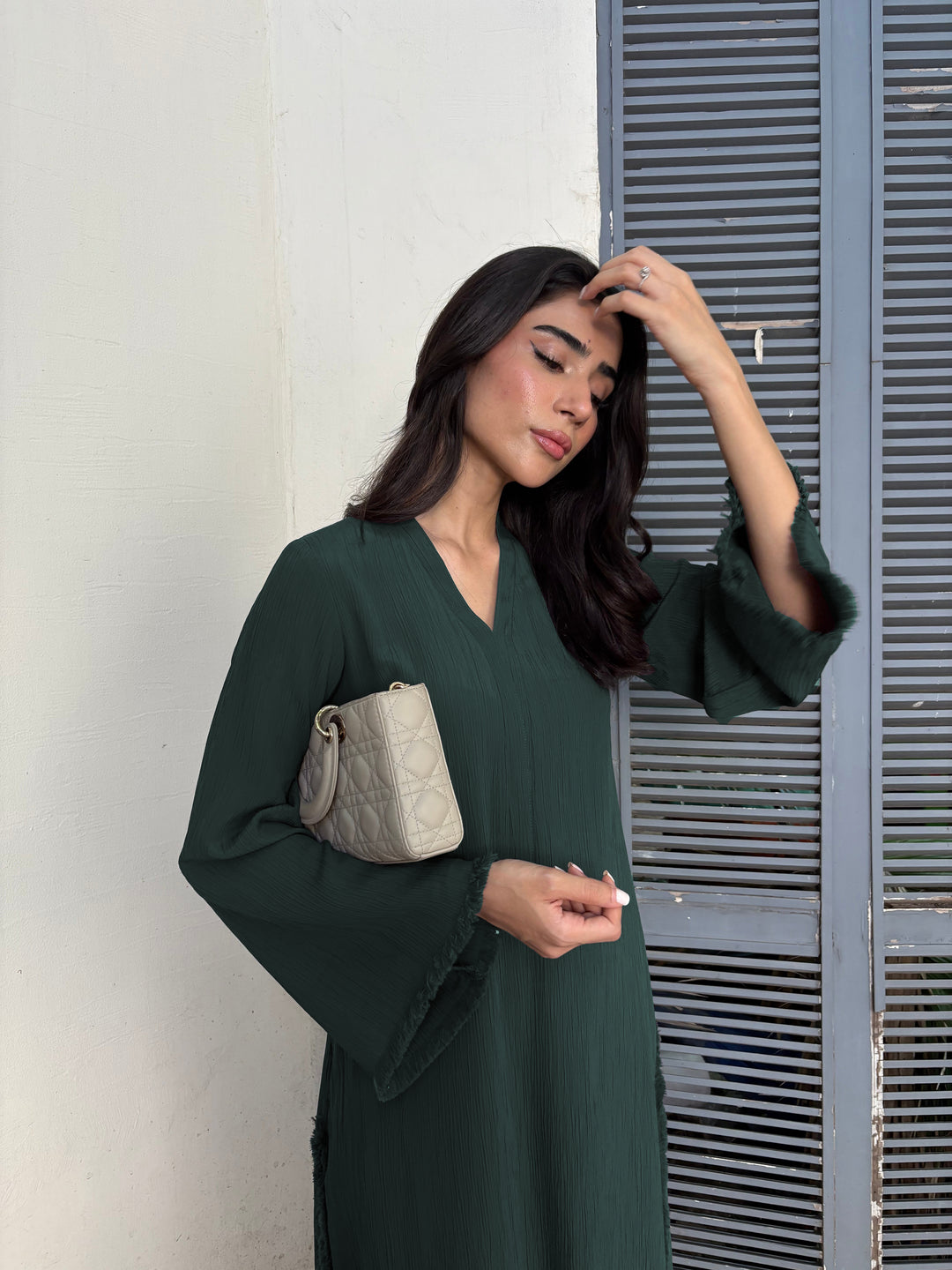Women's Dark Green Wrinkle Free Premium Crush Crepe Fringe Detailing Co-Ord Set