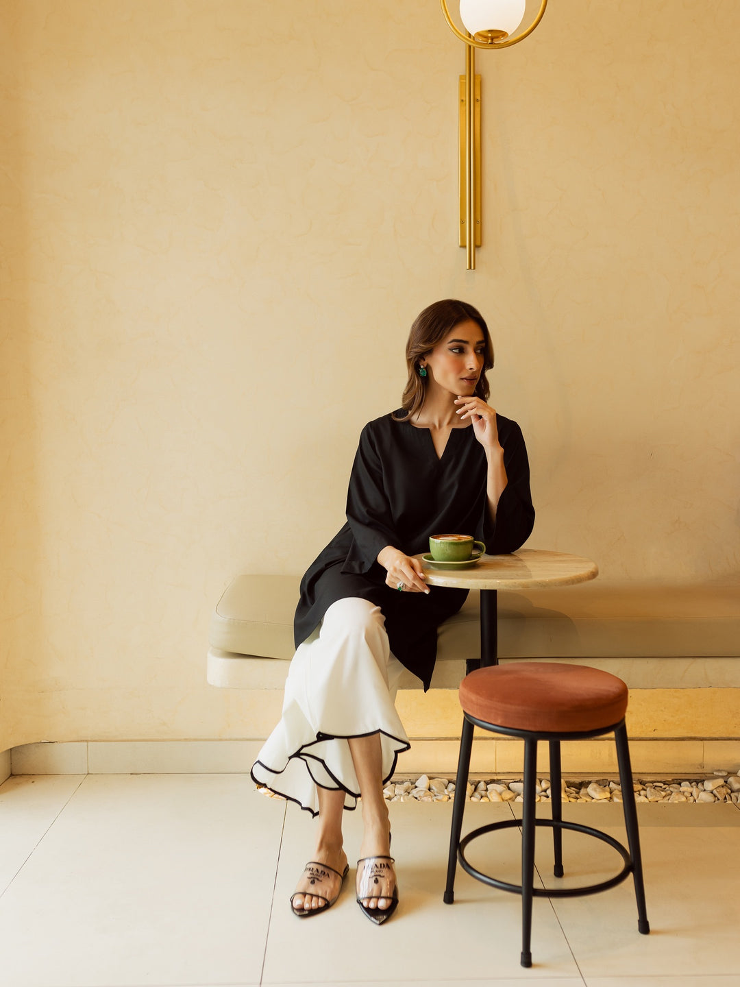 Women's Black & White 100% Natural Viscose Cotton Scallop Detailing Pant Kurta Set