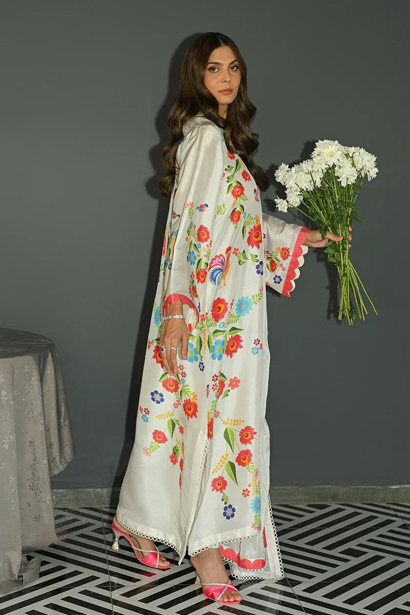 Women's White Cotton Satin Blend Floral Print Kaftan Set