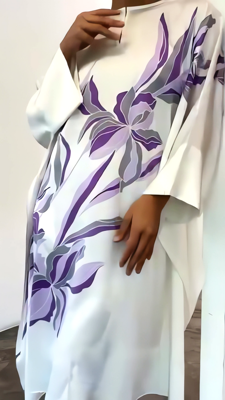 Women's White Satin Silk Floral Print Kaftan Set