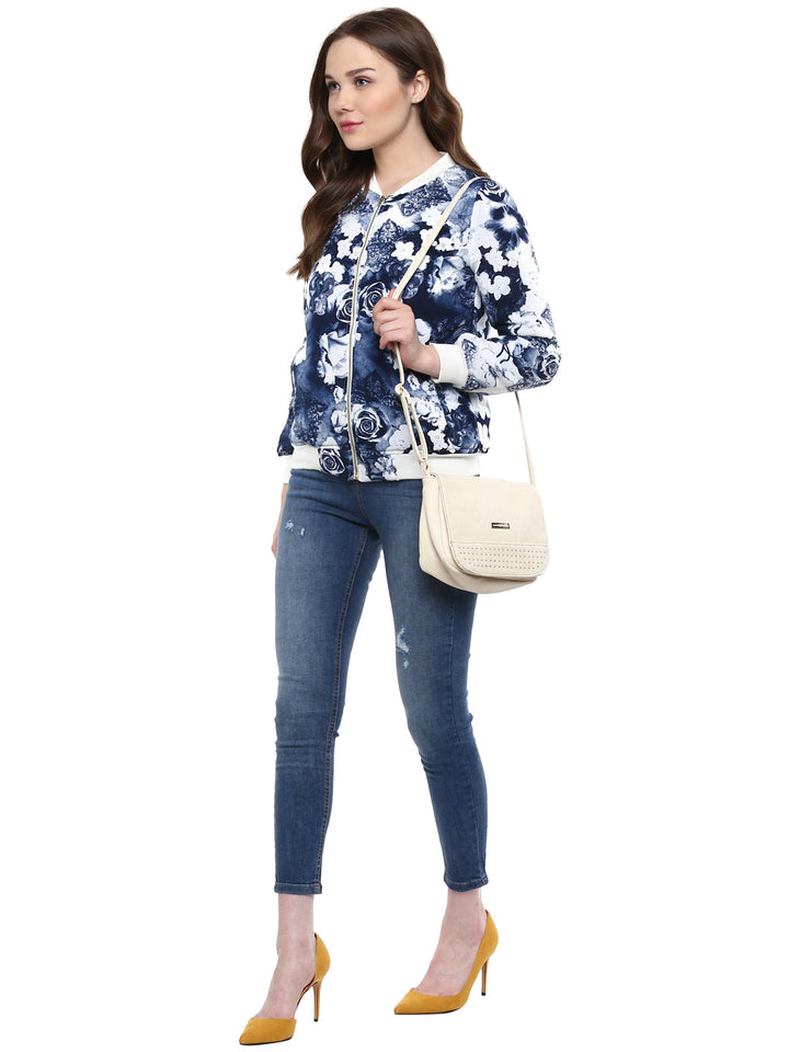 Women's  Blue Floral Print Bomber Jacket - StyleStone