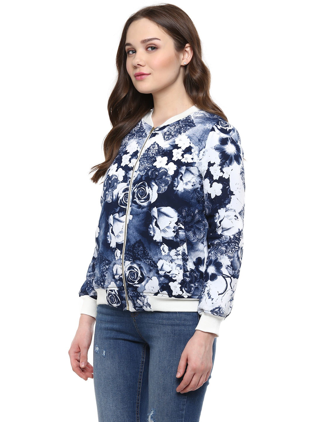 Women's  Blue Floral Print Bomber Jacket - StyleStone