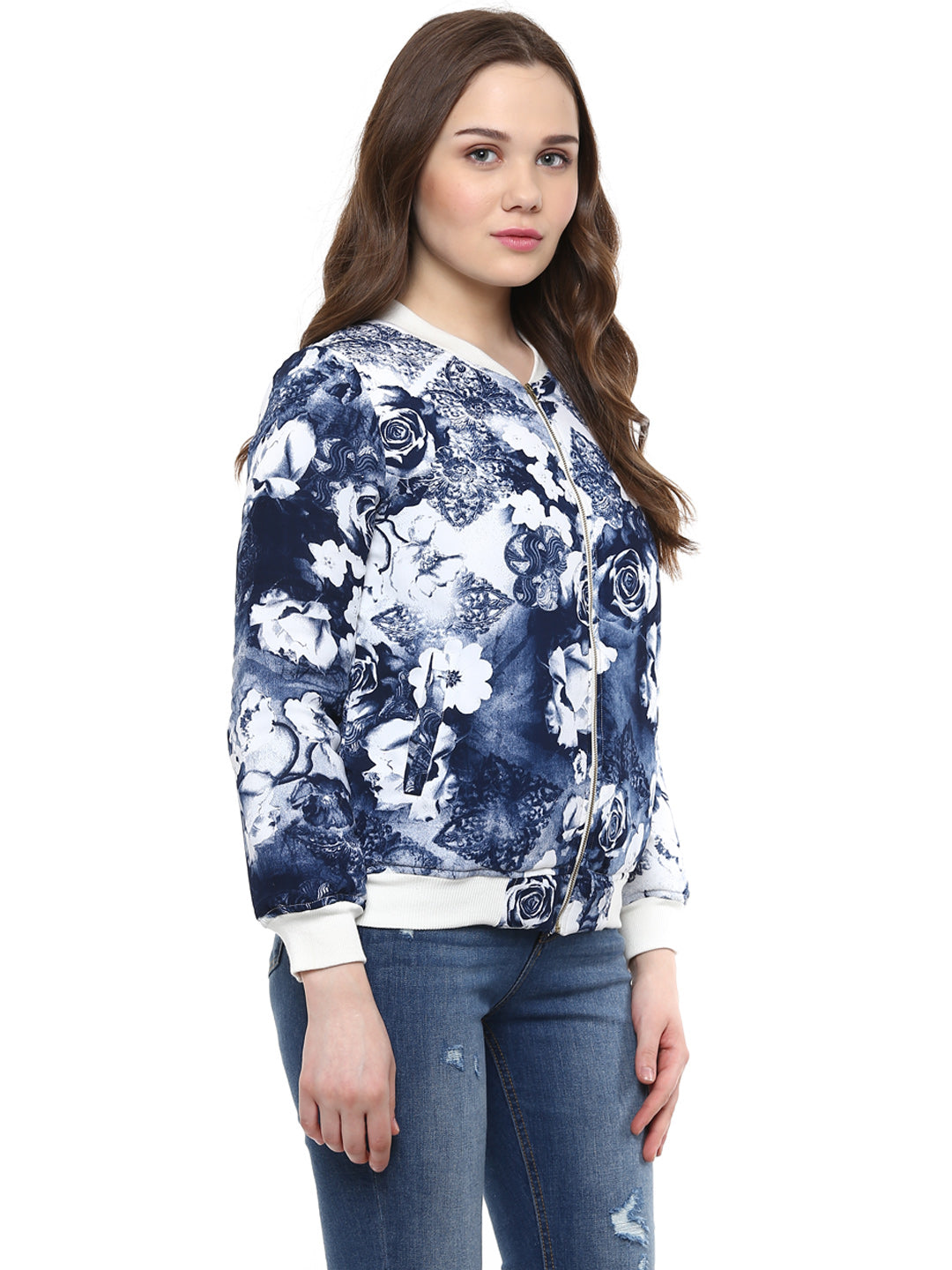 Women's  Blue Floral Print Bomber Jacket - StyleStone