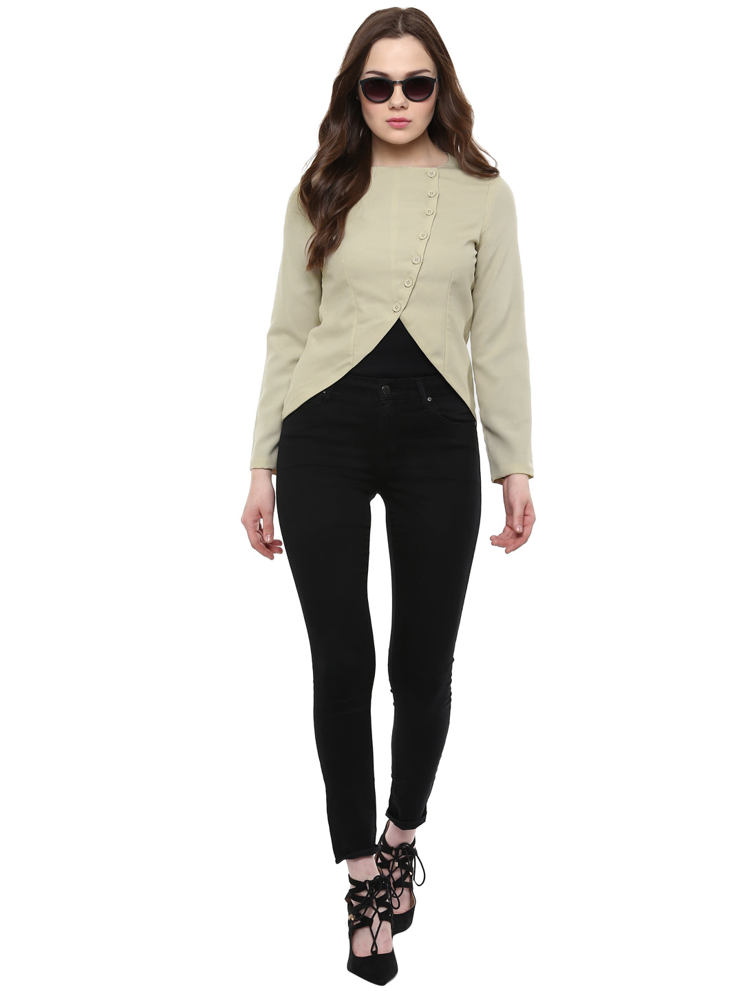 Women's  Beige Blazer Jacket with buttons - StyleStone