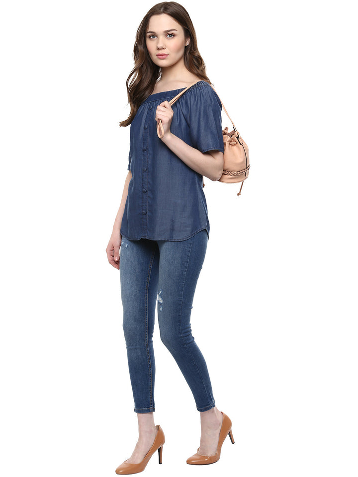 Women's  Blue Tencel Denim Off Shoulder - StyleStone
