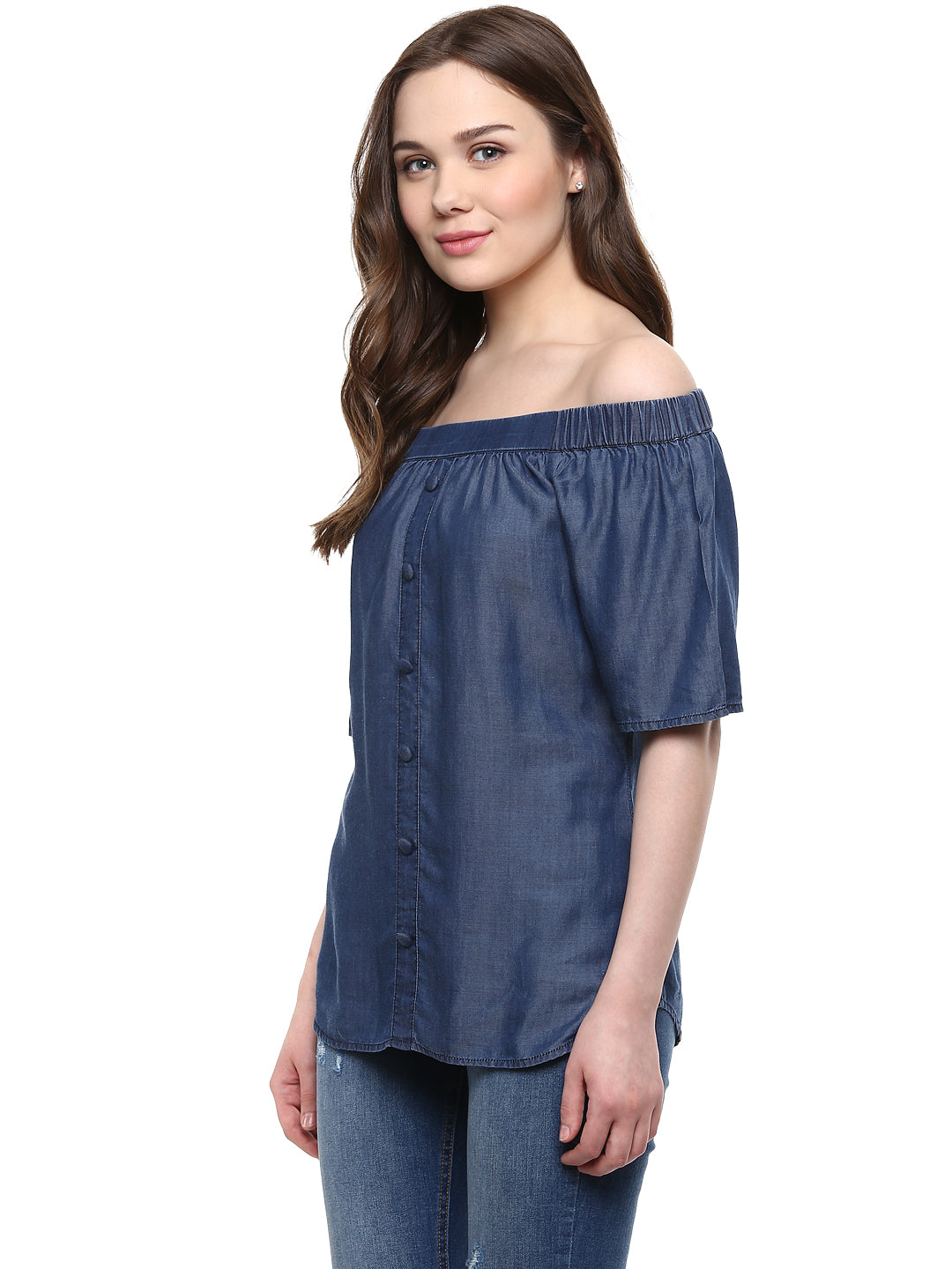 Women's  Blue Tencel Denim Off Shoulder - StyleStone