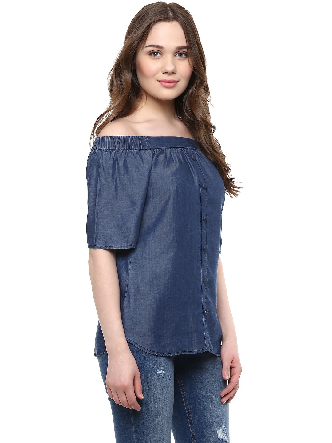 Women's  Blue Tencel Denim Off Shoulder - StyleStone