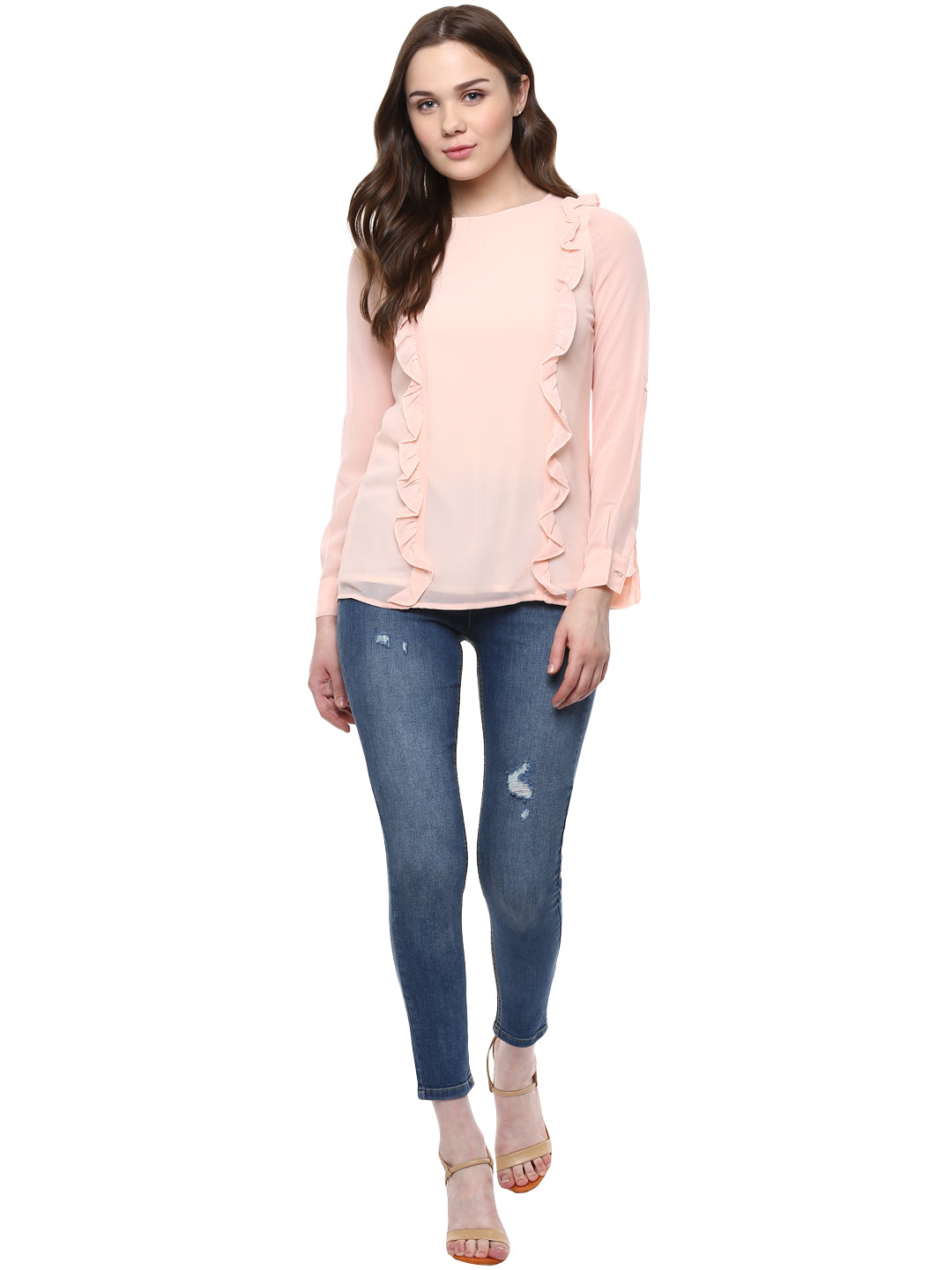Women's  Pink Side Ruffle Georgette Top - StyleStone