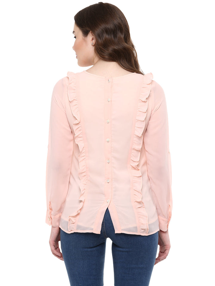Women's  Pink Side Ruffle Georgette Top - StyleStone