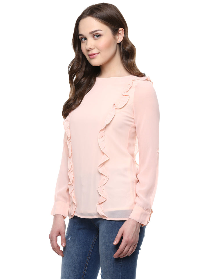 Women's  Pink Side Ruffle Georgette Top - StyleStone