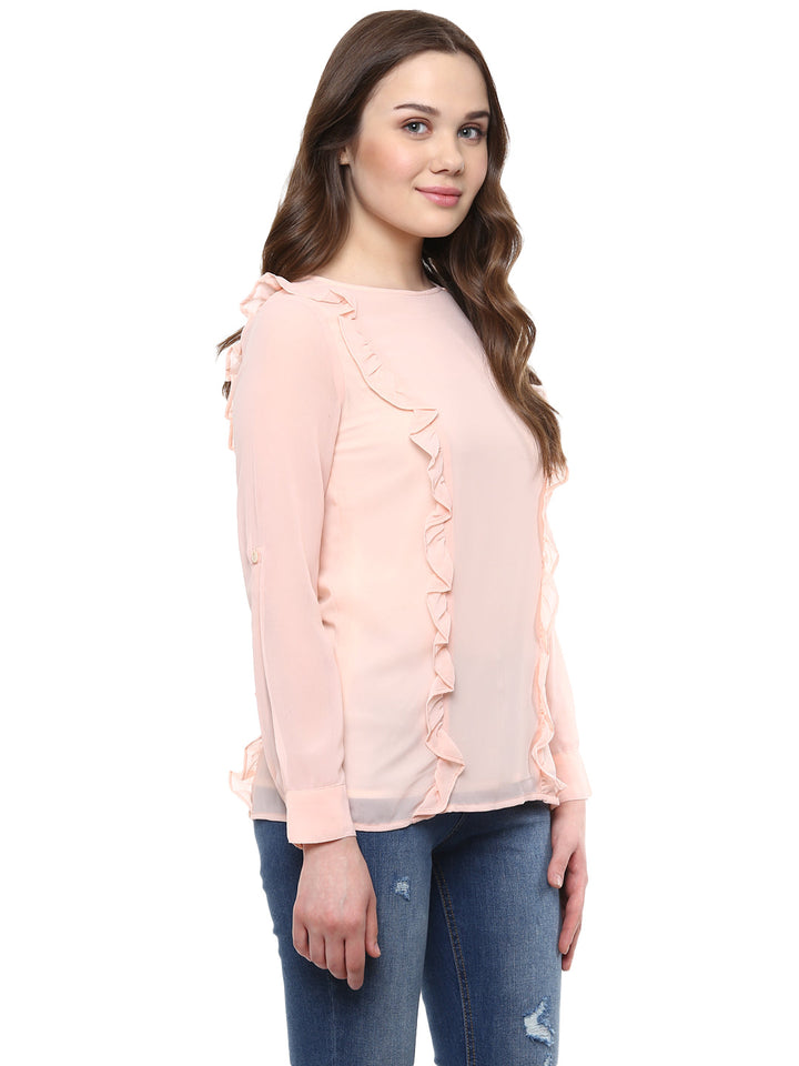 Women's  Pink Side Ruffle Georgette Top - StyleStone