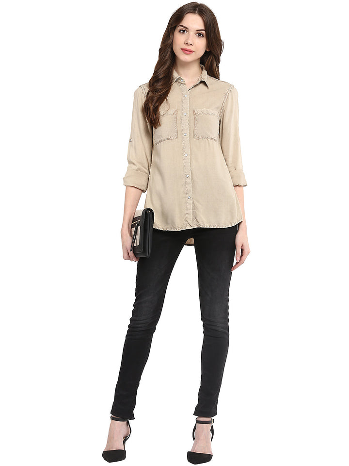 Women's  Beige Rayon Acid Wash Shirt - StyleStone