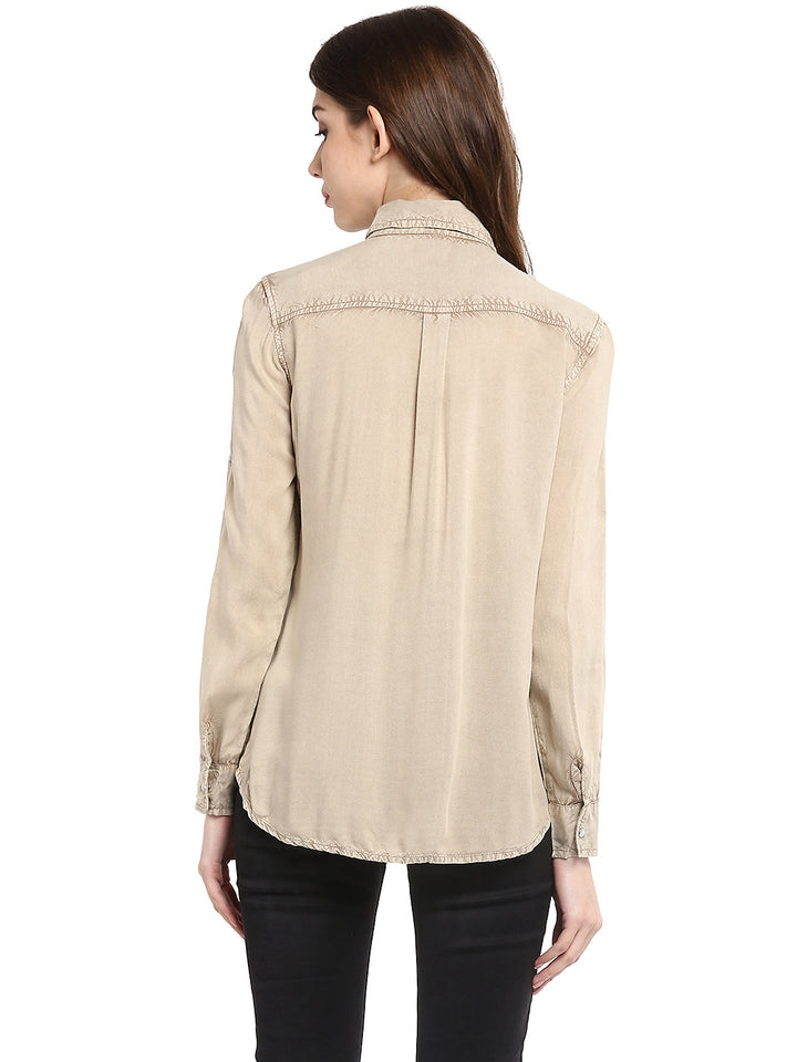 Women's  Beige Rayon Acid Wash Shirt - StyleStone
