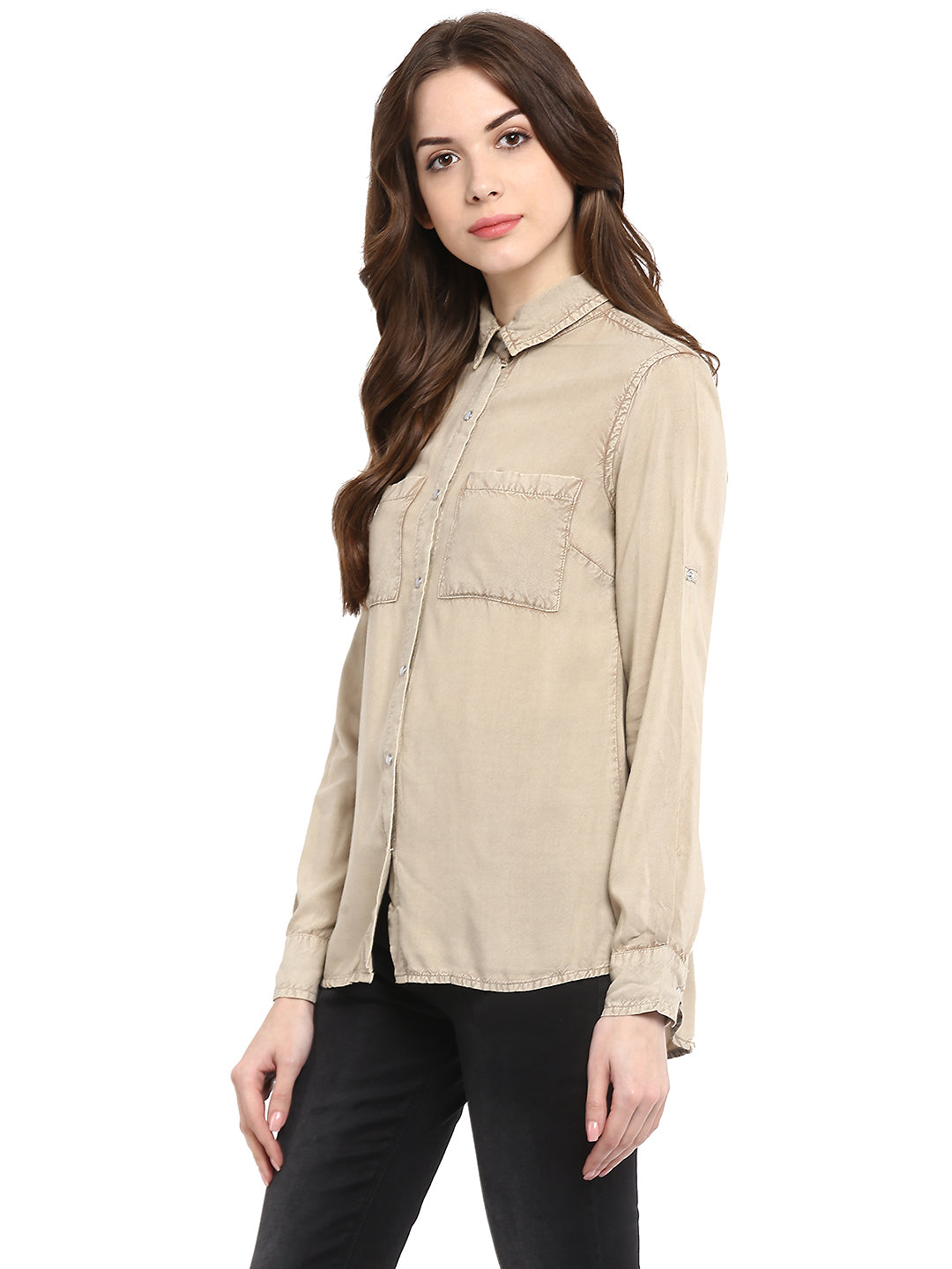 Women's  Beige Rayon Acid Wash Shirt - StyleStone