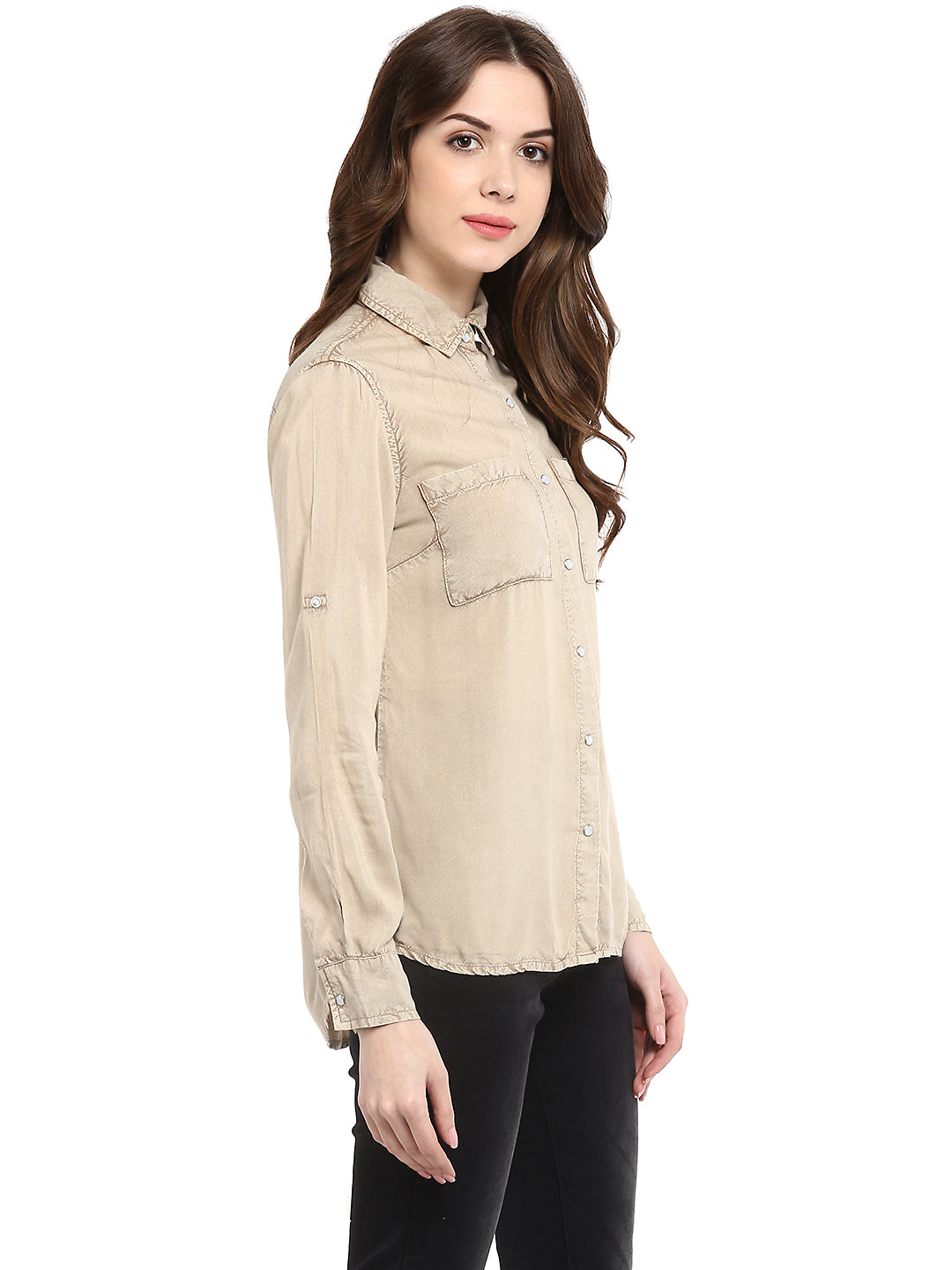Women's  Beige Rayon Acid Wash Shirt - StyleStone