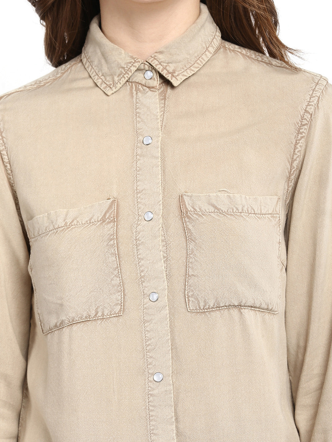 Women's  Beige Rayon Acid Wash Shirt - StyleStone