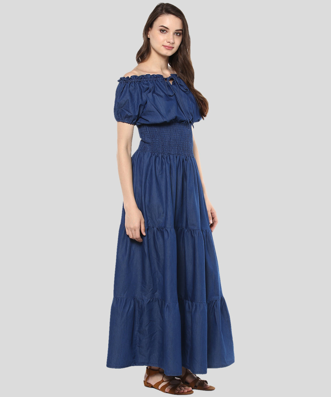 Women's Denim Peasant Styled Maxi Dress - StyleStone Blackbeads Women's Denim Peasant Styled Maxi Dress - StyleStone Blackbeads