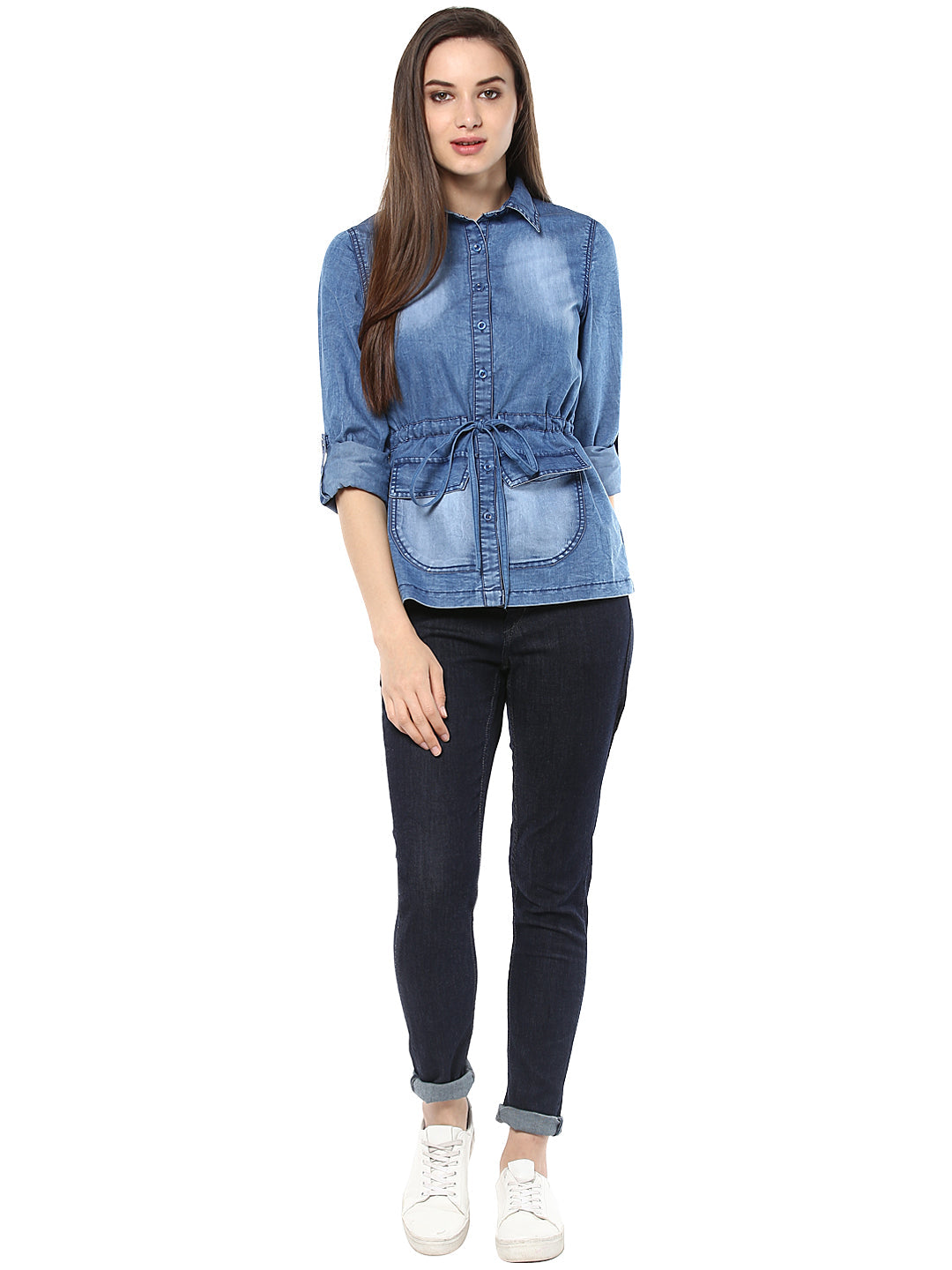 Women's  Denim top with Waist string Belt - StyleStone