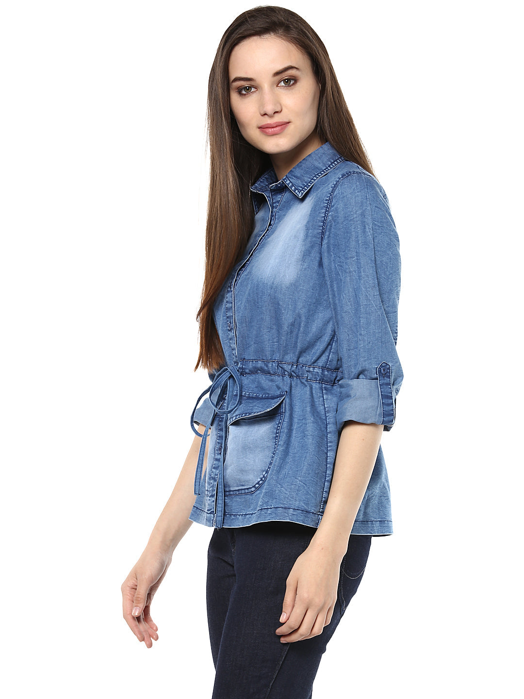 Women's  Denim top with Waist string Belt - StyleStone