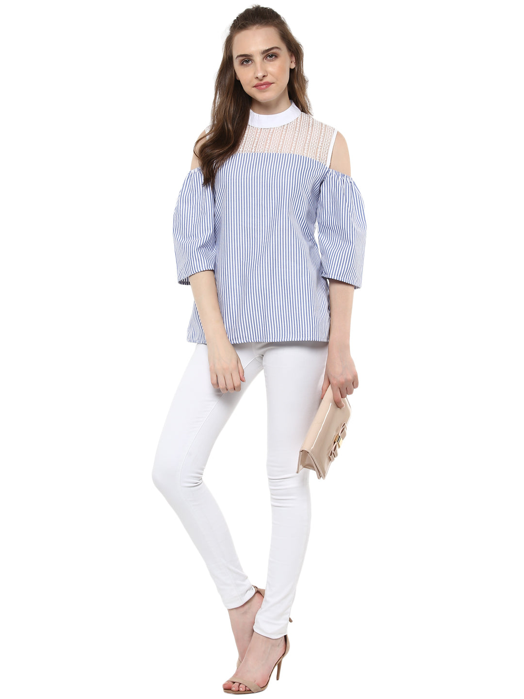 Women's Blue and White Stripe top with Lace detailing - StyleStone