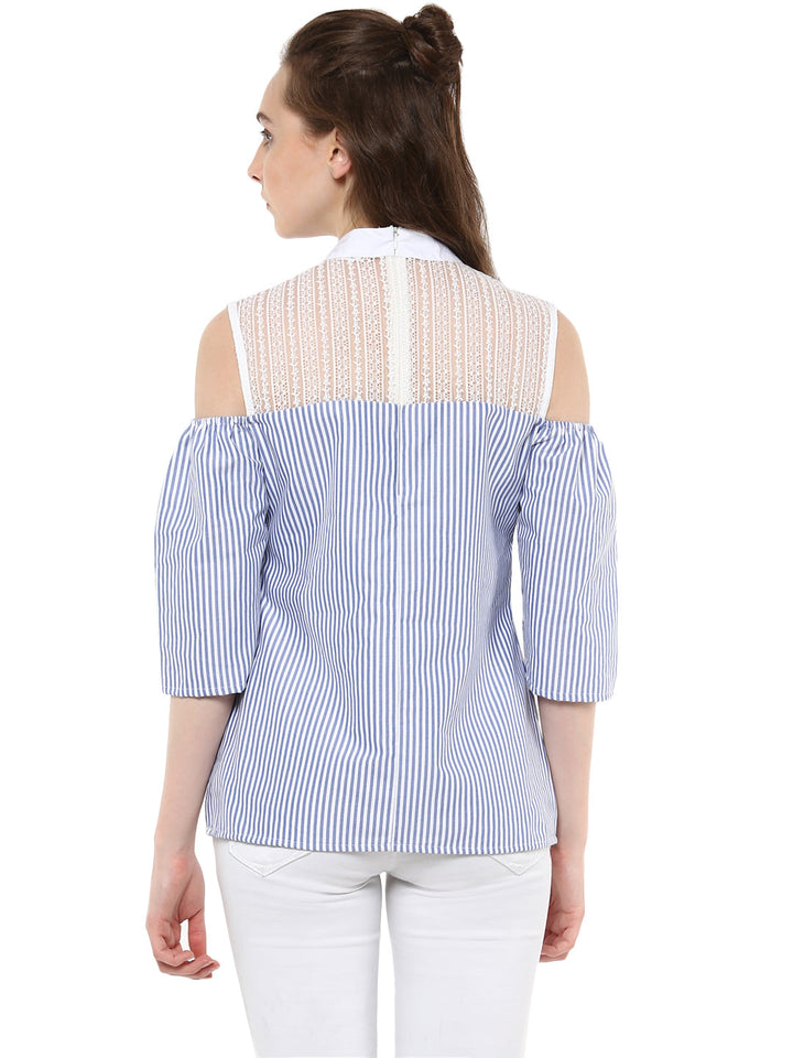 Women's Blue and White Stripe top with Lace detailing - StyleStone