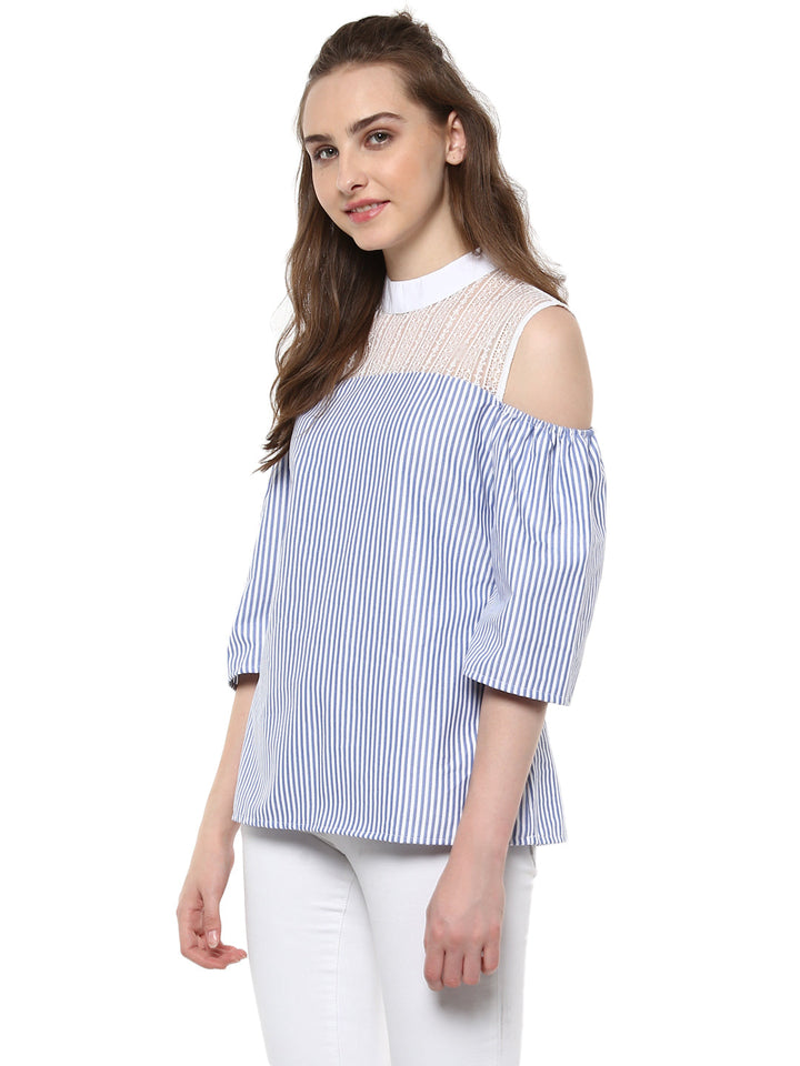 Women's Blue and White Stripe top with Lace detailing - StyleStone
