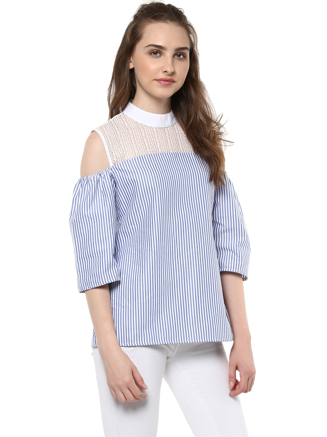 Women's Blue and White Stripe top with Lace detailing - StyleStone