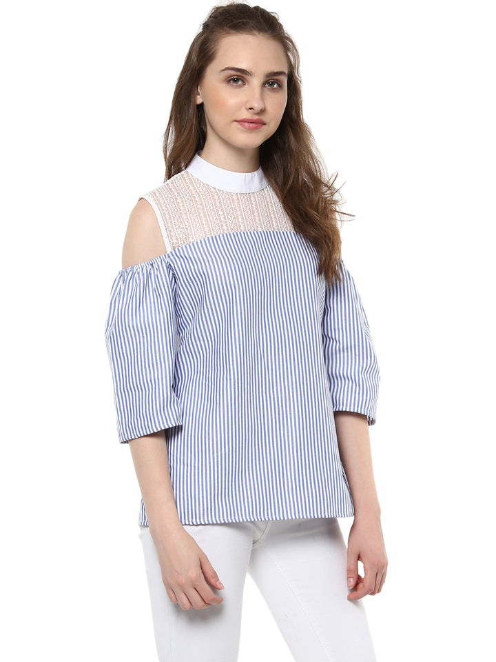 Women's Blue and White Stripe top with Lace detailing - StyleStone