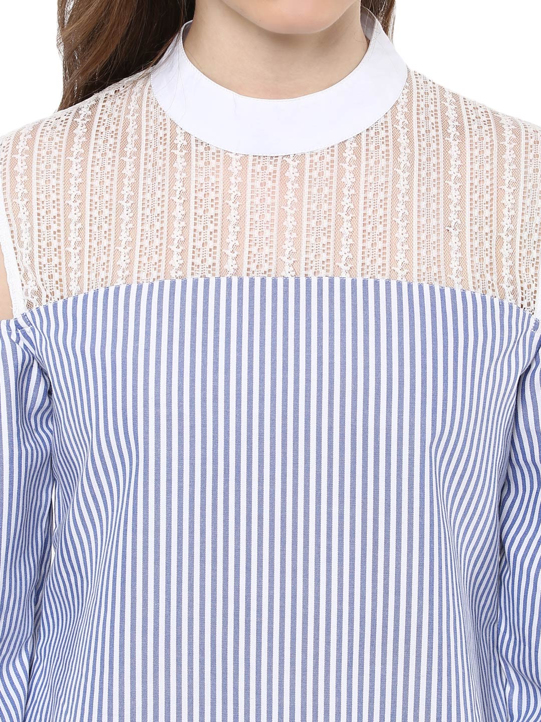 Women's Blue and White Stripe top with Lace detailing - StyleStone