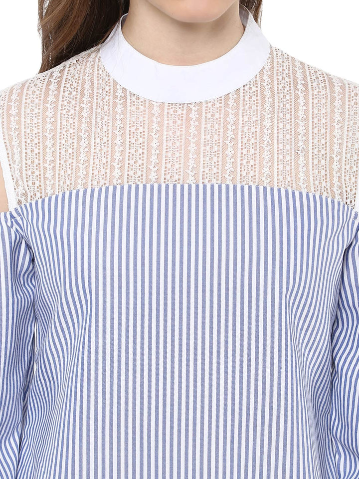 Women's Blue and White Stripe top with Lace detailing - StyleStone
