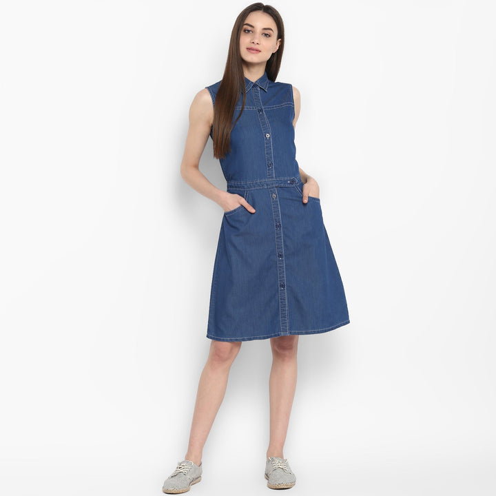 Women's Denim Dress with front Button details - StyleStone