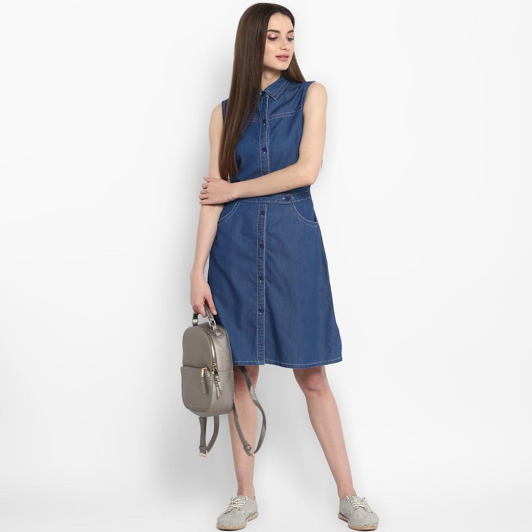 Women's Denim Dress with front Button details - StyleStone