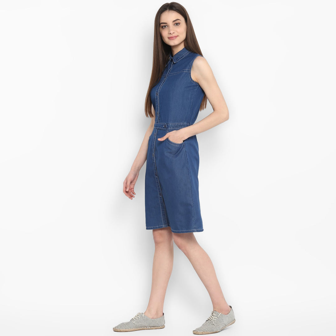 Women's Denim Dress with front Button details - StyleStone
