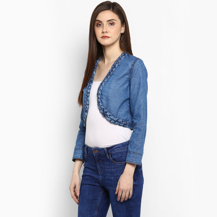 Women's Denim Braid Style Pleating Shrug - StyleStone