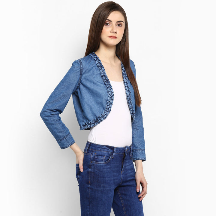 Women's Denim Braid Style Pleating Shrug - StyleStone