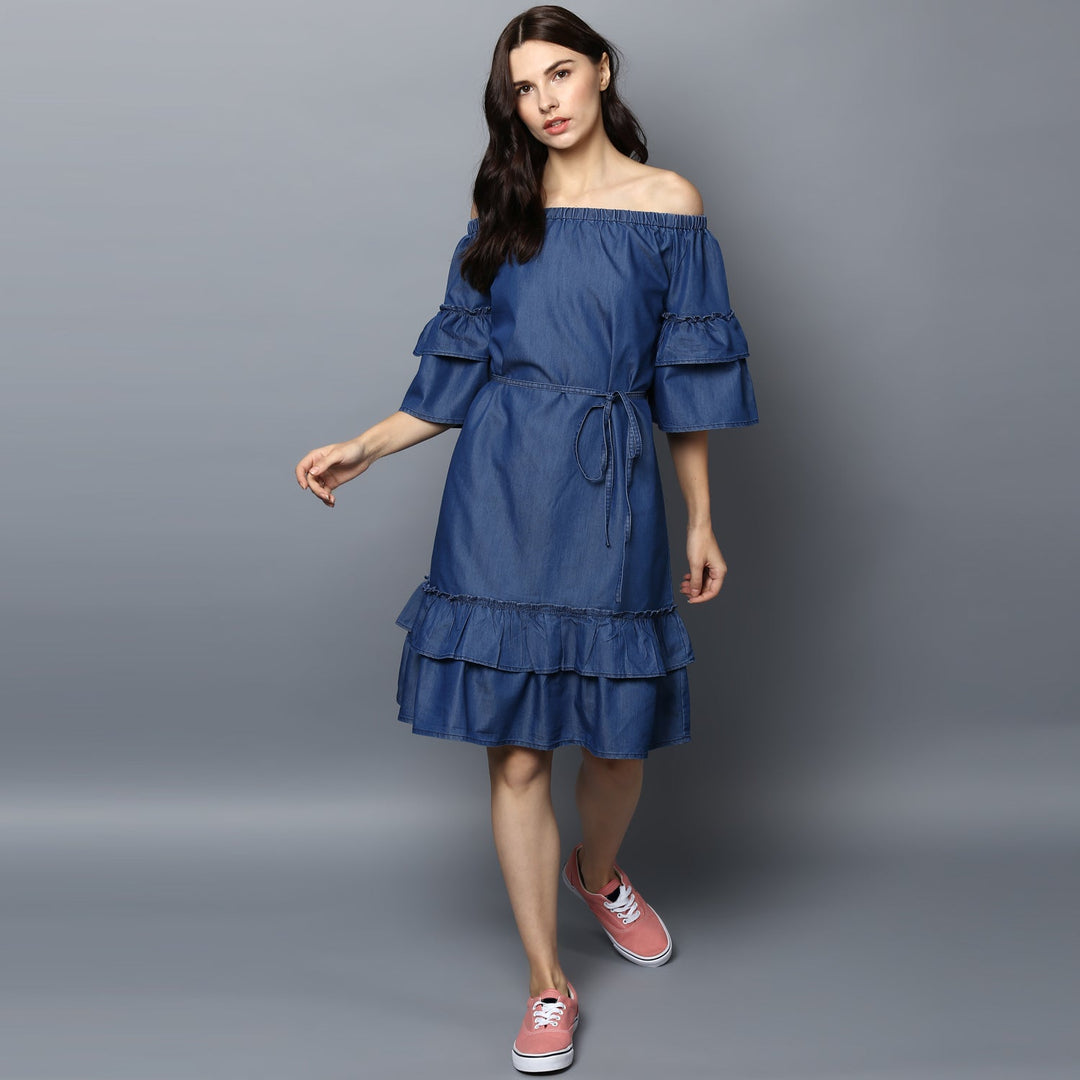 stylestone denim dress Women's Denim Off Shoulder Tier Sleeve Dress