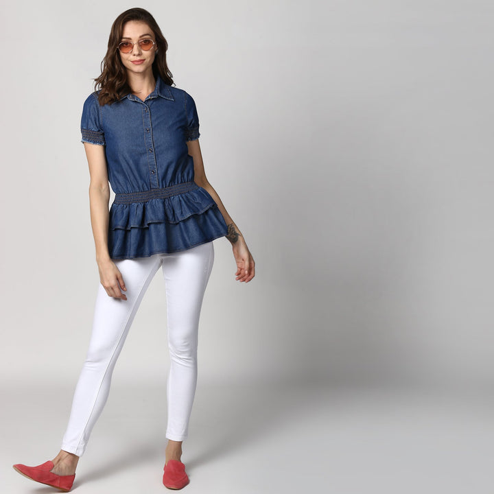 Women's Navy Blue Denim Peplum Top cum Shirt with elasticated waistband - StyleStone