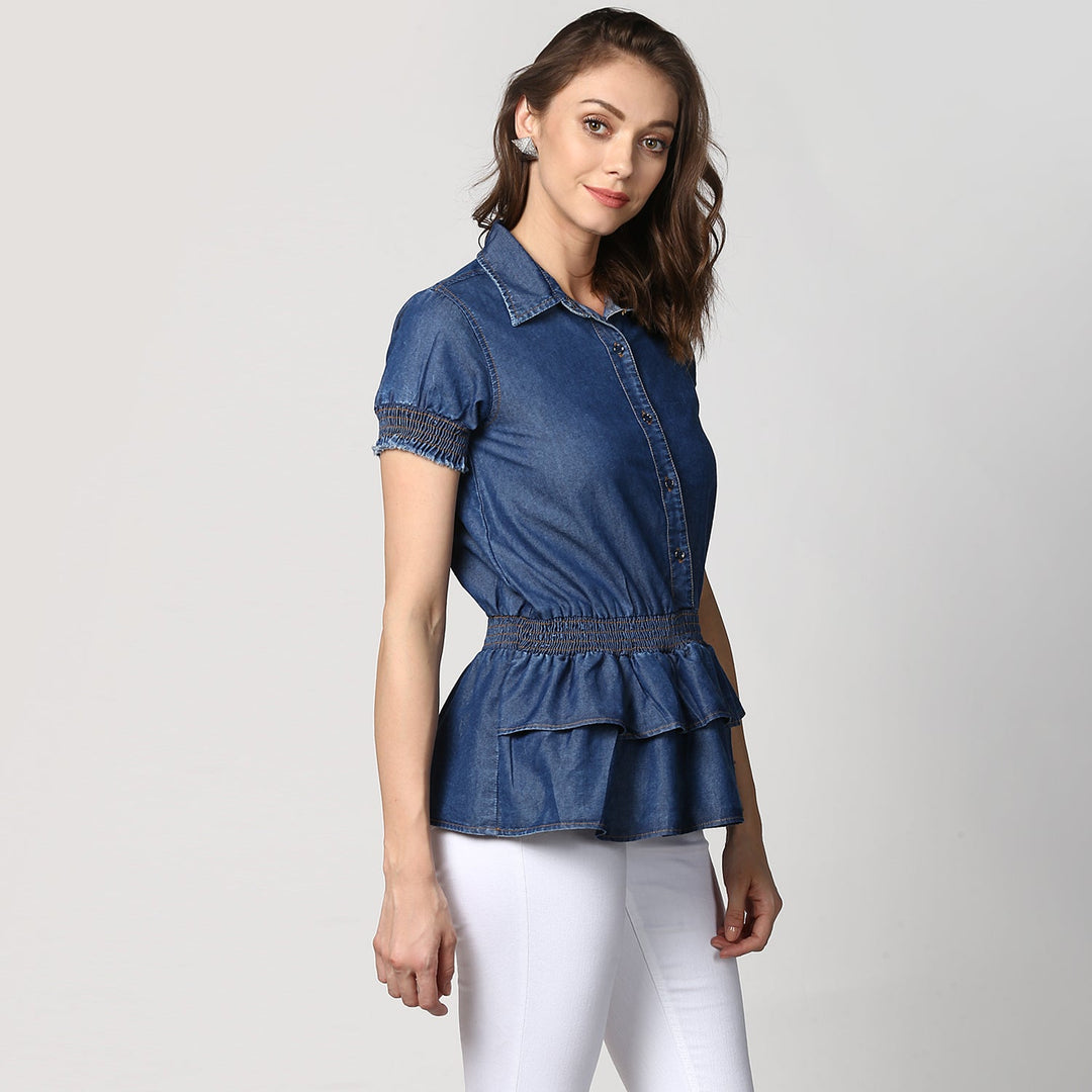 Women's Navy Blue Denim Peplum Top cum Shirt with elasticated waistband - StyleStone