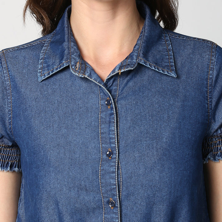 Women's Navy Blue Denim Peplum Top cum Shirt with elasticated waistband - StyleStone